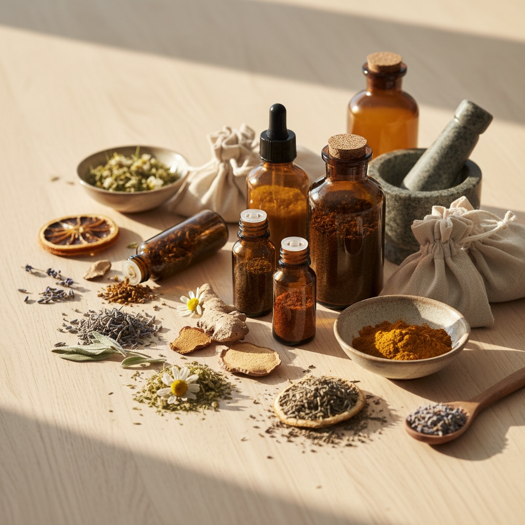 Artful arrangement of botanical herbs, supplements, and natural medicine ingredients