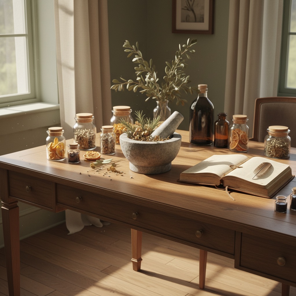 Clean practitioner workspace with mortar and pestle, dried herbs, and notebook